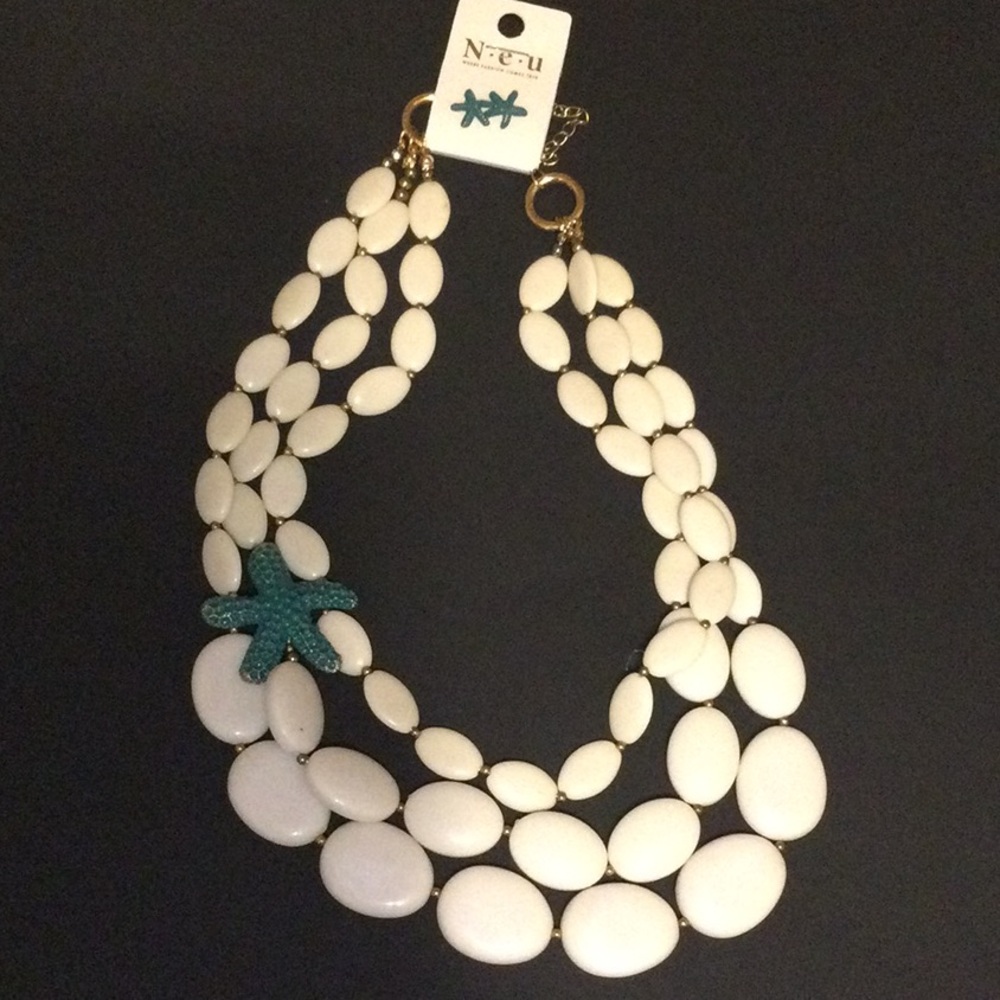 Eggshell Multi-Strand Beaded Necklace with Teal Starfish Accent